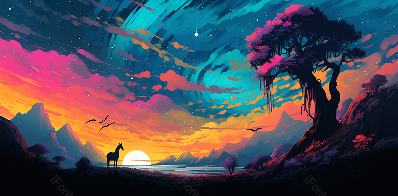 星空下两只长颈鹿和大树的治愈插画,插画/手绘图,插画/手绘图库,插画/手绘图下载,插画/手绘